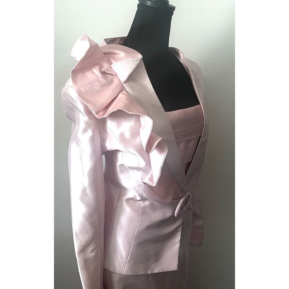 Elite Champagne 3-Pc Skirt Suit Shoulder‎ Ruffle Rhinestone C-Button Closure - Picture 12 of 13